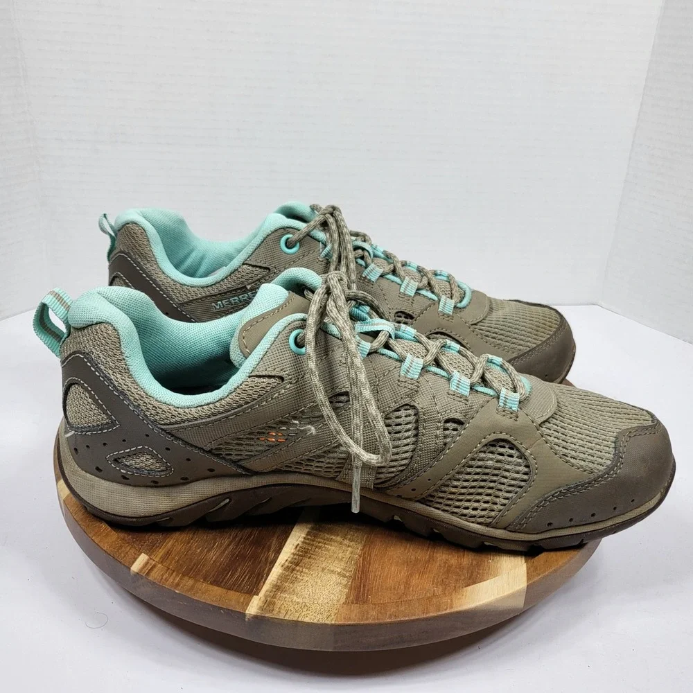 Merrell Hiking Shoes Women 9.5 Brown Aqua Good Mesh Trail Performance Hiker